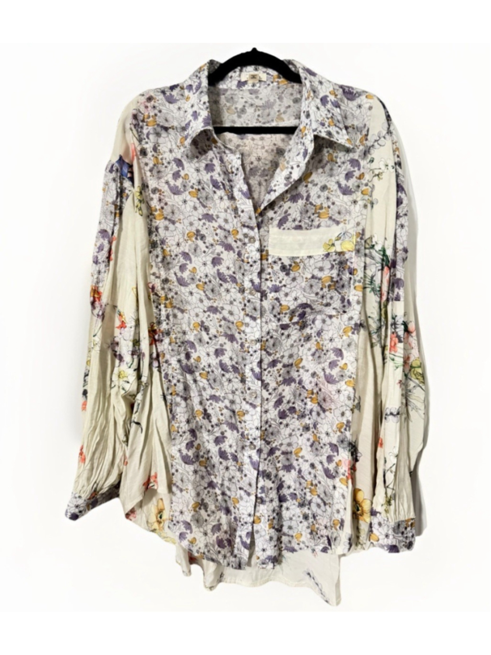 POL Floral Button Down Blouse M/L Boho Patchwork Shirt Lightweight Sheer Hi-Low - Picture 5 of 8